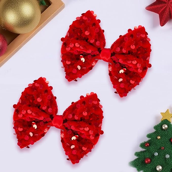 Velvet Sequin Hair Bows Elegant Red Bow for Women Girls, 4in Glitter Handmade Hair Clips Alligator Clips Sparkly Ponytail Holder Hair Accessories for Christmas, Birthday Party, Wedding, Valentines