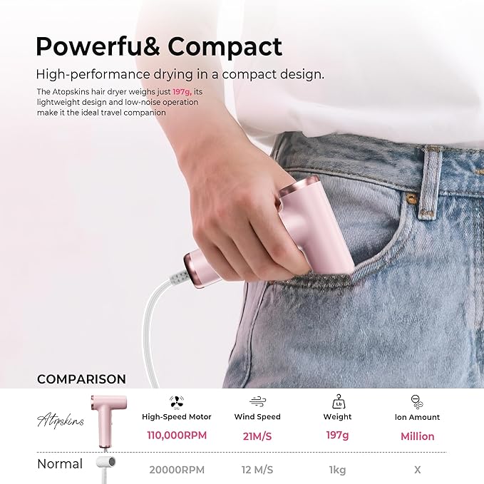 Mini Hair Dryer, 4-Temp High Speed Ionic Hair Dryer, 2-Speed Lightweight Portable Small Hair Drye, 110,000 RPM Hair Blow Dryer Travel Blow Dryer