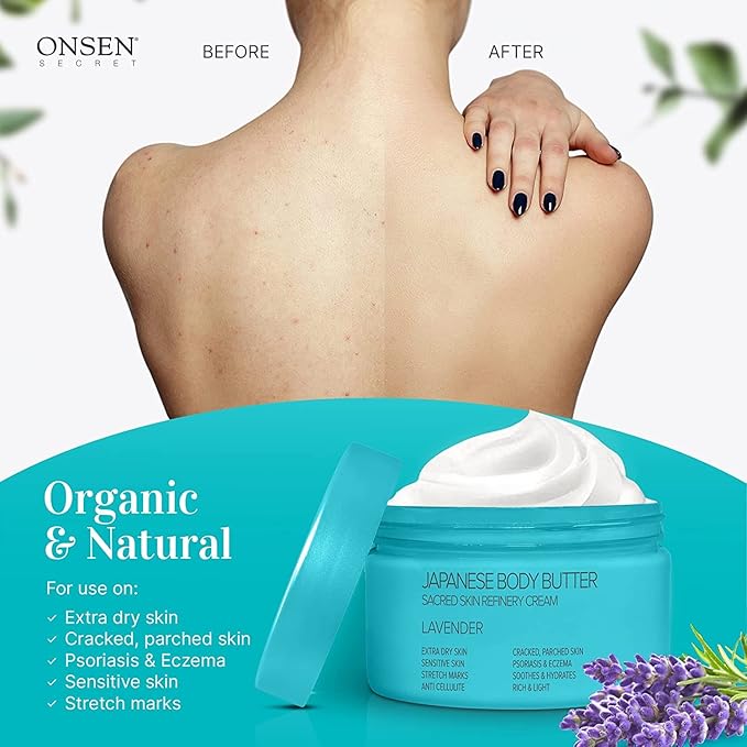 Onsen Japanese Body Butter for Women - Skin Refinery Cream Natural and Organic Shea Butter Moisturizing Clear Skin Exfoliator with Coconut Oil and Vitamin E - 8.6 fl oz / 255 ml (Lavender)