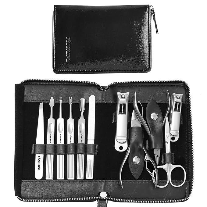 Manicure Kit, FAMILIFE Professional Manicure Set Nail Kit, 11 in 1 Stainless Steel Nail Clippers Set, with Portable Black Leather Travel Case Luxury Gifts for Him