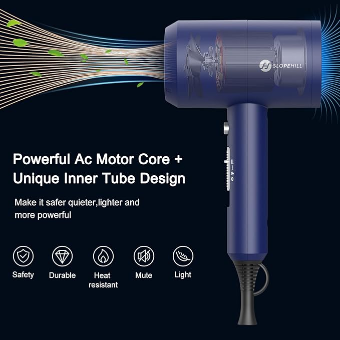 Slopehill Professional Ionic Hair Dryer, Powerful 1800W Fast Drying Low Noise Blow Dryer with 2 Concentrator Nozzle 1 Diffuser Attachments for Home Salon Travel (Prussian Blue)