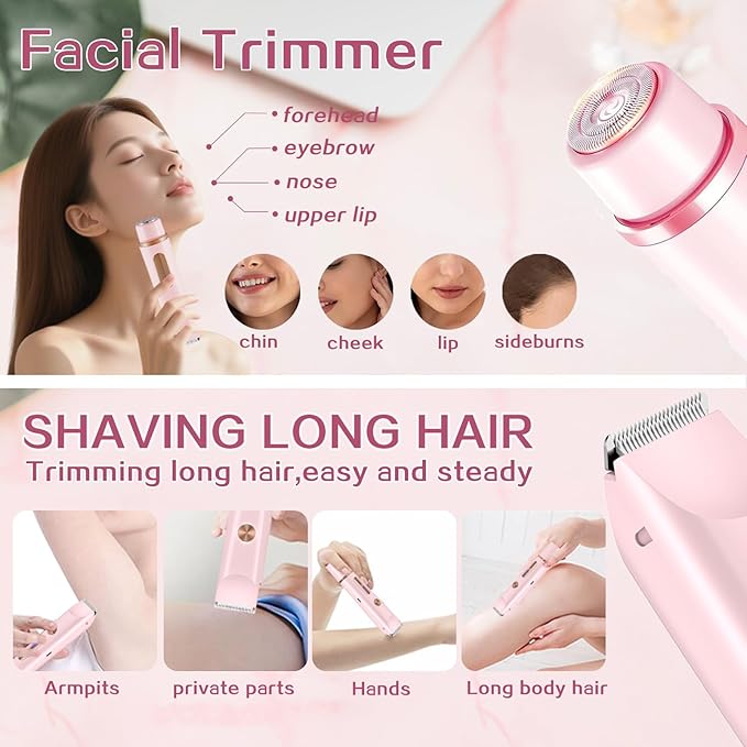 2 in 1 Bikini Trimmer for Women, Dual Head Electric Shaver with LED Display, IPX7 Waterproof Body Pubic Hair Trimmer Rechargeable Womens Electric Razor for Armpit Leg Body Facial Wet & Dry Use