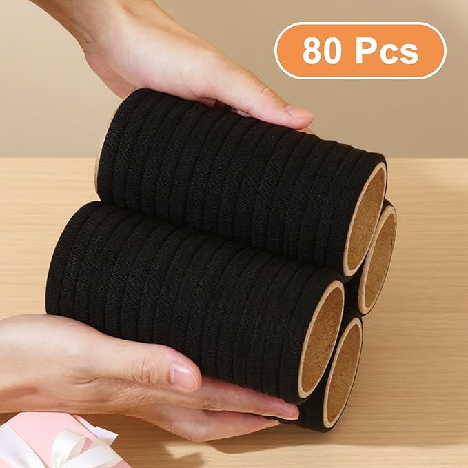 80pcs Black Thick Hair Ties for Women, 2.36 IN Large No Metal Ponytail Holders, Heavy Duty Elastic Hair Bands, Durable No Damage Hair Elastics for Thick & Curly Hair, Strong Hold