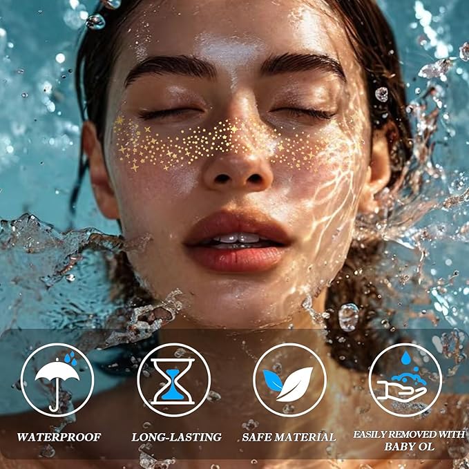 Glitter Freckles, Holographic Face and Body Glitter Tattoo Sparkle for Women Gold Glow Cosmetic Star Makeup Accessories for Festival Rave (12pcs Gold)