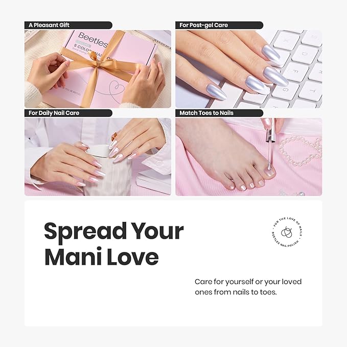 Beetles Pearl Nail Polish Set 7Pcs, Nude Pink Frosty Blue Beige Quick-drying Nail Polish Kit, with 2 IN 1 Base & Top Coat and Cuticle Serum 20ml All-in-One Care Nails Gift Sets