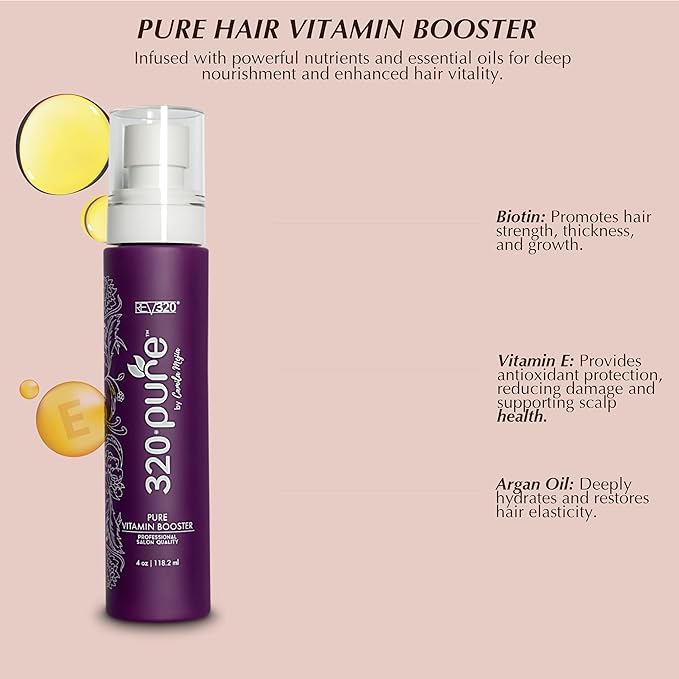 320Pure Hair Vitamin Booster 4oz Spray, Strengthens & Stimulates Hair Growth, Enriched with Vitamins from Garlic, Ginseng, Ginkgo Biloba, & Goji Berry, Pure Extracts for a Healthy, Lustrous Look