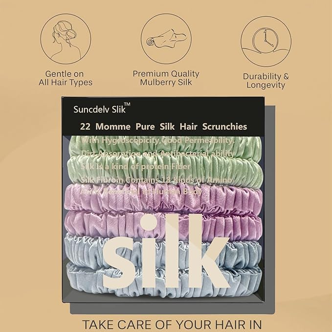 Suncdelv Silk,100% Silk Scrunchies for Hair,22 Momme Hair Ties for Anti-Crease & Breakage,Natural Women Hair Accessories，Fashion Hairbands 6PCS(Light Green, Light Purple, Light Blue)