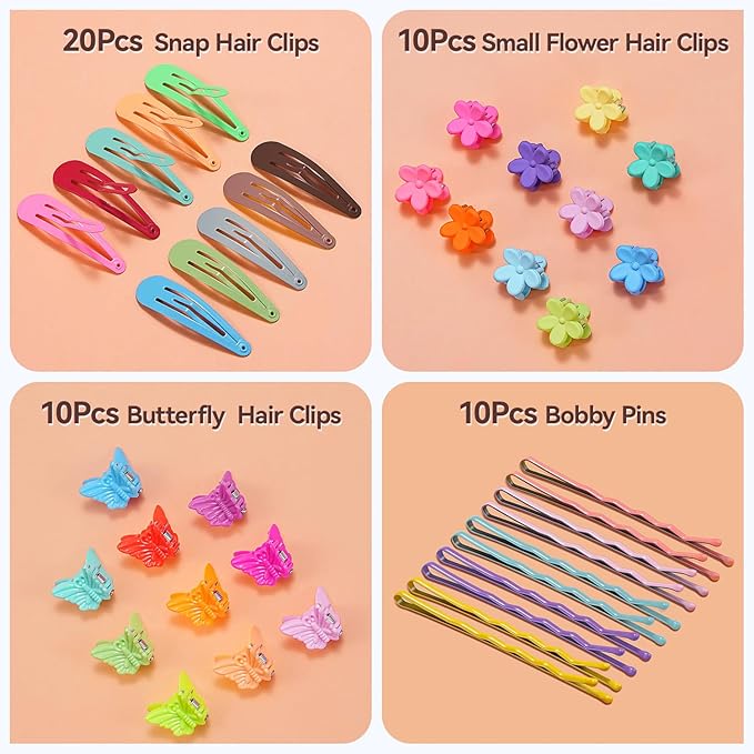 TsMADDTs Hair Accessories, Elastic Hair Ties for Baby Toddlers Kids Girls, 6 Colors Small Rubber Bands Set with Ties and Clips, Styling Tools