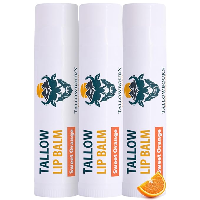 Moisturizing Tallow Lip Balm – Grass-Fed Beef Tallow with Organic Coconut Oil, Beeswax, and Vitamin E – Sweet Orange – Lip Balm Set – Travel Essential – 3-Pack