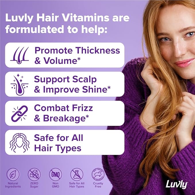 Luvly Hair Growth Booster+ Natural Hair Growth Vitamins for Women with Thinning Hair - Biotin & Vitamin Supplements with Plant Based Complex for Thickening, Longer, Stronger Hair Skin Nails - Non-GMO