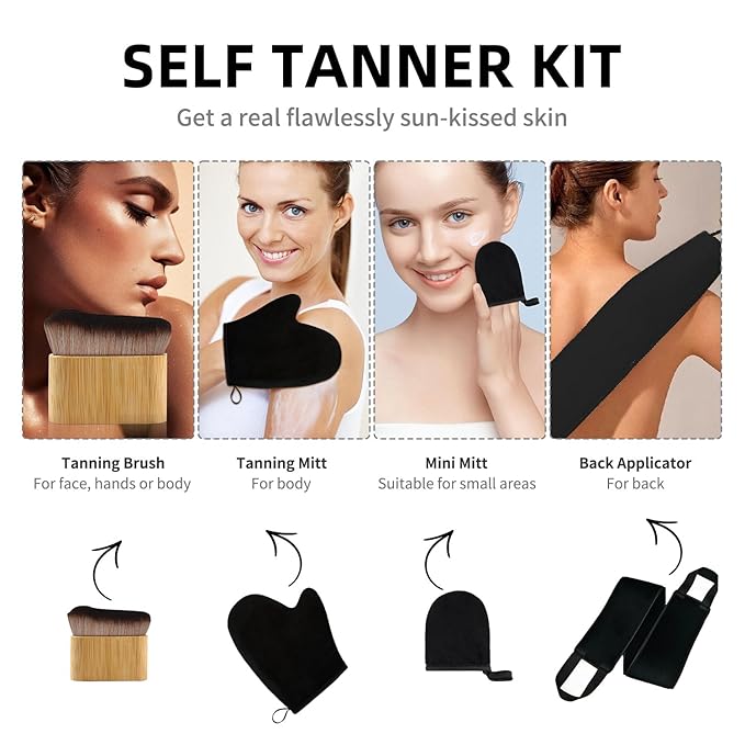 FUNAN Self Tanning Application Kit, 4-Piece Set with Back Applicator, Mini Mitt, Tanning Mitts and Ultra Soft Self Tanner Brush Bamboo Kabuki Brush, Black