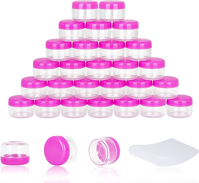 200PCS 5 Gram Sample Containers, 5ml Empty Jars with Lids, Small Cosmetic Containers, Mini Sample Jars with 16PCS Mini Spatulas for Make Up, Oils, Lotion, Powder, Paint, Jewelry, Lip Balms(Pink Lid)
