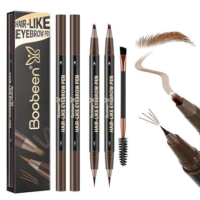 Boobeen 3pcs Waterproof Eyebrow Pen，Dual-Ended Eyeliner Microblading Eyebrow Pencil for Women，Long Lasting Hair-Like Brow Pen with Brow Brush，Dark Brown