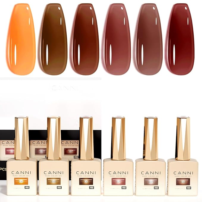 CANNI 6 Colors 9 Ml Jelly Brown Gel Nail Polish Set- Jelly Neutral Transparent Dark Red Orange Colors Sheer Kit, Soak Off LED Nail Gel Manicure DIY at Home Salon Gifts