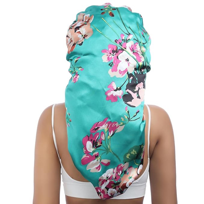 AWAYTR Long Satin Bonnet for Braids - Elastic Silk Hair Bonnets for Sleeping Night Cap Stretchy Tie Band for Women（Flower A）