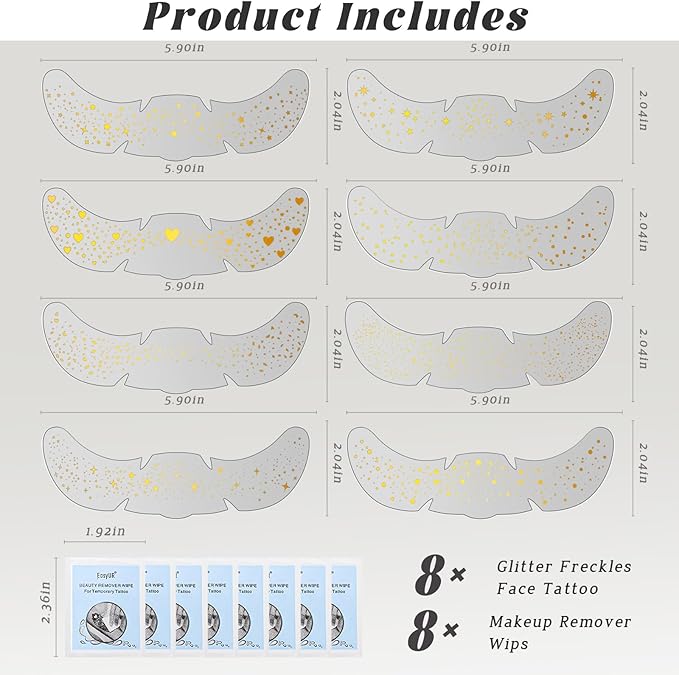 8 pcs Gold Glitter Freckles Face Tattoo, Waterproof Sparkle Face Glitter Speckles Patches for Women, Cute Star Glow up Glitter Temporary Tattoo Makeup Accessories for Festival Rave