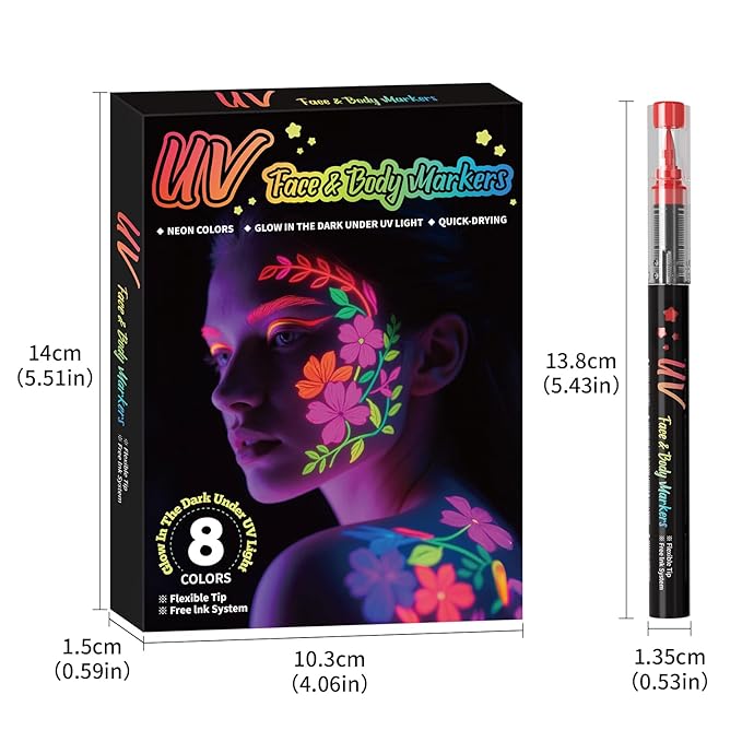 8-color luminous body painting, UV neon face painting pen, luminous face painting kit, washable skin tattoo pen, Halloween party makeup (8 colors)