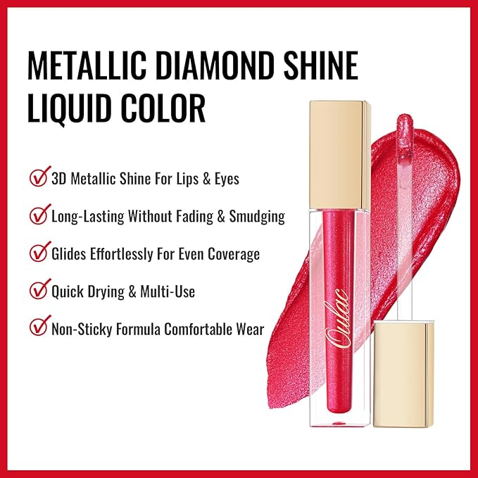 Oulac Red Lipsticks for Women Metallic Lipstick, Long Lasting Lip Gloss Waterproof, Glitter Lipstick Lip & Eye 2 IN 1, High Impact Lip Color, No Transfer, Vegan MD07