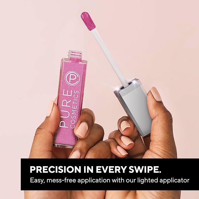 Pure Illumination Light-Up Lip Gloss with LED-Lit Applicator Brush + Side Mirror, Non-Sticky, Moisturizing Hydrating Lip Glosses with Lanolin, Jojoba Oil, & Vitamin E, Party Girl Pink