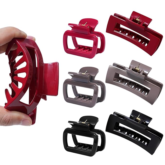 Mesovor 2 Styles Silicone Flexible Hair Claw Clips, 6 Pack Soft Bendable Hair Clips for Women | Rectangle Small Large Cozy Hairclips (Red, Coffee, Black)