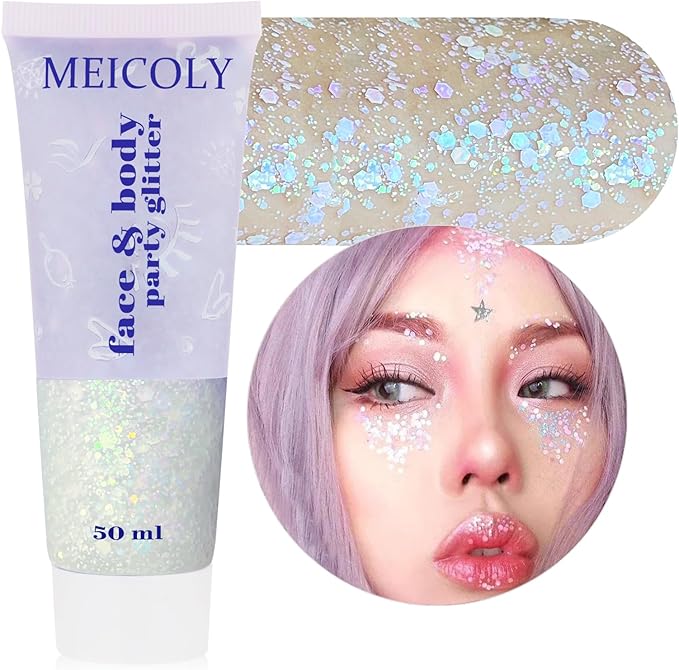 MEICOLY Chameleon Iridescent White Body Glitter,Halloween Face Glitter Paint Ice Themed Aerial Performance,Color Changing Mermaid Face Glitter,Opal Glitter for Body Hair,Festival Party Cheer Makeup