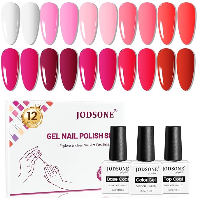 JODSONE 12 PCS Gel Nail Polish Base Coat and Top Coat Red Pink High Gloss Fashion Women Gifts