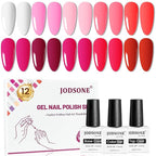 JODSONE 12 PCS Gel Nail Polish Base Coat and Top Coat Red Pink High Gloss Fashion Women Gifts
