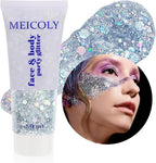 MEICOLY Silver Body Glitter,Chunky Silver Face Hair Mardi Gras Glitter,Halloween Silver Glitter Makeup,Sparkle Face Paint for Women and Kids,Music Festival Party Outfits for Women Accessories