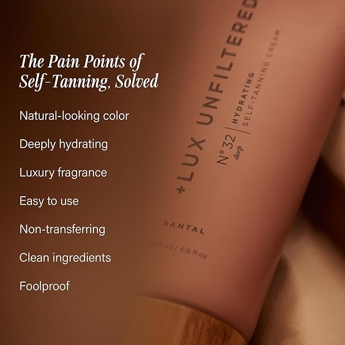 + Lux Unfiltered N°32 Deep Gradual Self Tanner, Hydrating Self Tanning Lotion with Shea Butter & Squalane - Non-Sticky, No Transfer, Natural-Looking Tan - Vegan & Cruelty-Free Sunless Tanner - Santal