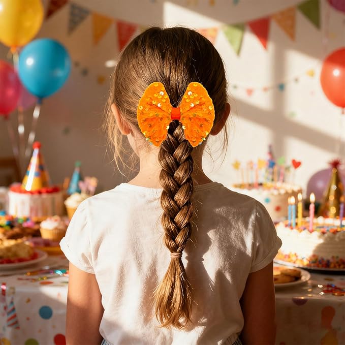 Velvet Sequin Hair Bows Fall Orange Bow for Women Girls, 4in Glitter Handmade Hair Clips Alligator Clips Sparkly Ponytail Holder Hair Accessories for Helloween, Christmas, Birthday Party, Wedding