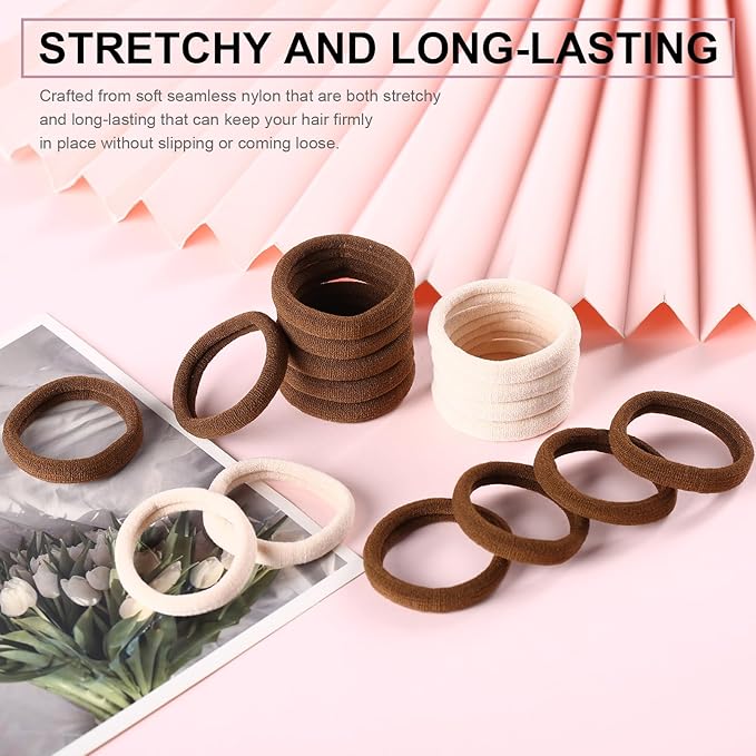 LuSeren 120 Pcs No Damage Thick Hair Ties, Large Soft Seamless Nylon Hair Elastics for Women, Ponytail Holders - Blonde & Brown