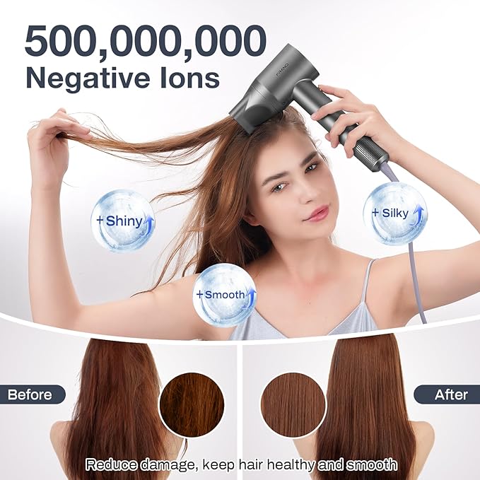 Professional Hair Dryer, 150,000 RPM High-Speed & 200 Million Negative Ions, Intelligent HD Display, Low Noise 51dB, Magnetic Diffuser & Nozzle, Travel Gift for Women