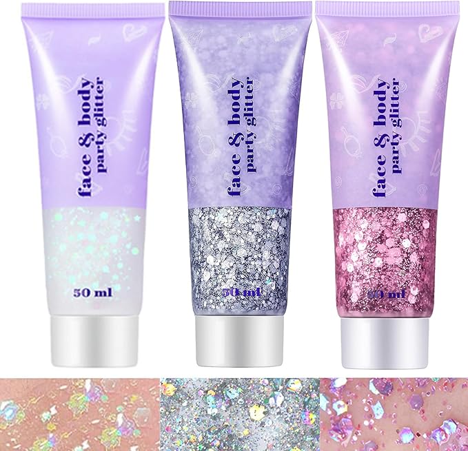 Go Ho White Pink and Silver Face Body Glitter Gel Set,Mermaid Face Paint,Holographic Long Lasting Chunky Sequins Glitter Makeup for Singer Concerts,Halloween Festival Rave Accessories