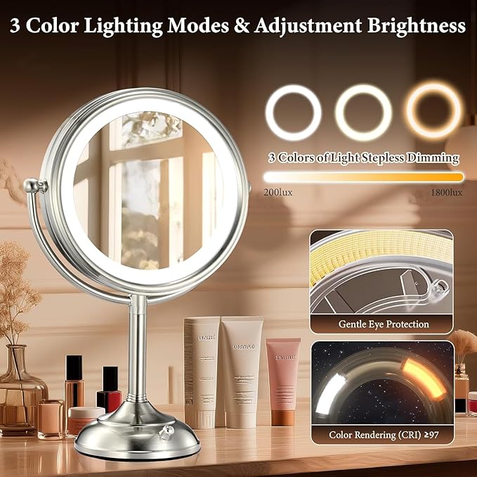 2025 VESAUR 9" Large 5000mAh Rechargeable Lighted Makeup Mirror Nickel, 1X/10X/20X HD Magnifying Mirror with Compact Suction Mirror, 3 Color Dimmable light, 360°Swivel Seamless Vanity Mirror, Gift Box