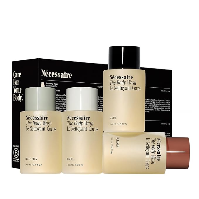 Nécessaire The Body Wash Discovery Collection. Skincare Gift Set For Women + Men. Radiance Cleanse. 4x Travel Size Skin Care Set With Vitamins + Niacinamide. 3.4 fl oz.
