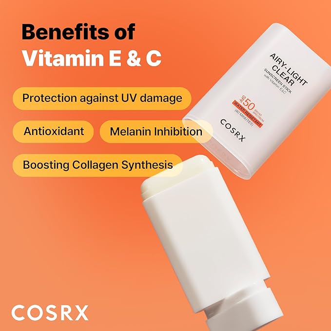 COSRX Airy-Light Clear Sunscreen Stick with Vitamin E & C SPF 50, 0.67 oz, 19g, Lightweight, Travel Essentials, Summer Essentials, Korean Skin Care, Korean Matte Sunscreen for Face, Stocking Stuffers