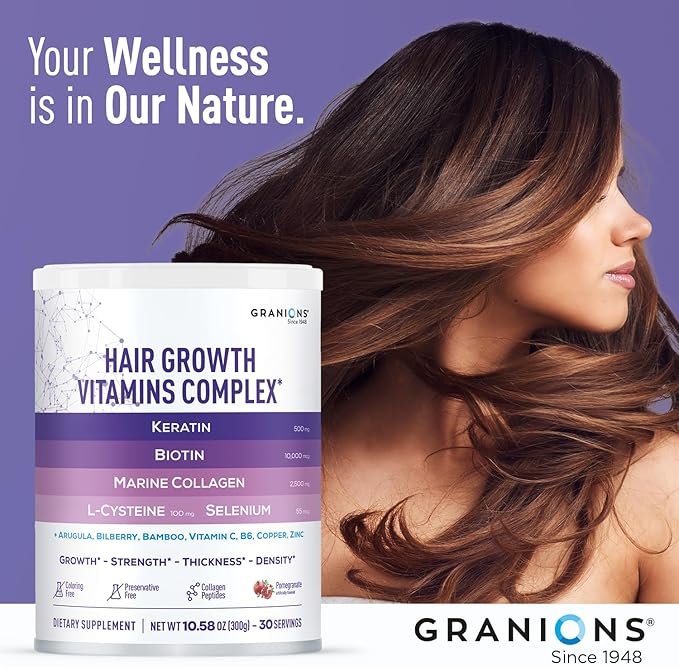 Granions Hair Supplements for Hair Growth Powder - Strength, Thickness, Density, Loss Support for Women and Men - Collagen Peptides, Biotin 10,000, Keratin, Aminos, B Vitamins, Zinc, Selenium - 10.5oz