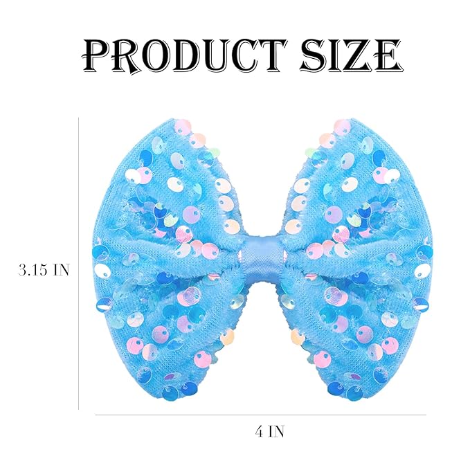 Velvet Sequin Hair Bows Elegant Blue Bow for Women Girls, 4in Glitter Handmade Hair Clips Alligator Clips Sparkly Ponytail Holder Hair Accessories for Christmas, Birthday Party, Wedding, Valentines