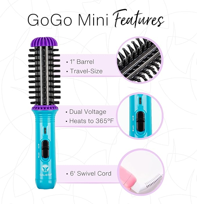 CALISTA GoGo Mini Heated Round Brush | Curl, Touch-Up, De-Frizz, Smooth, and Style Hair with Mini 7” Styling Tool | Heats to 365°F | Perfect Travel Tool | Dual Voltage (Berry Burst)
