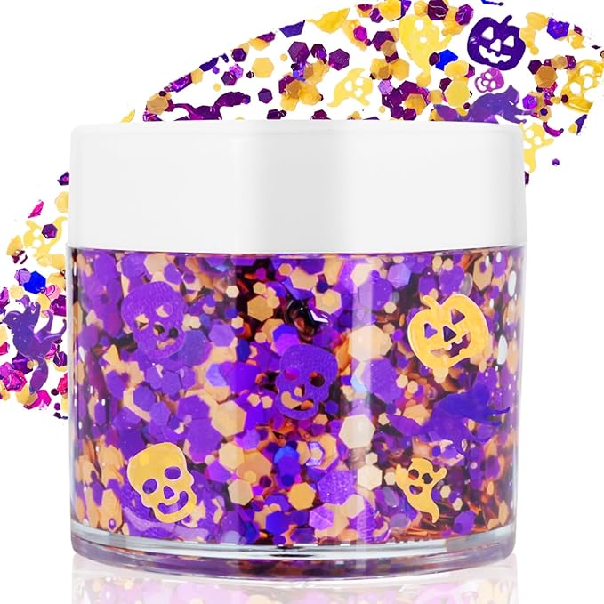 Halloween Face Glitter Gel,Orange Purple Skull Pumpkin Body Glitter Face Paint,Chunky Giltter for Face Body Hair,Kid’s Colorful Shimmering for Party Rave Music Festival Carnival Makeup