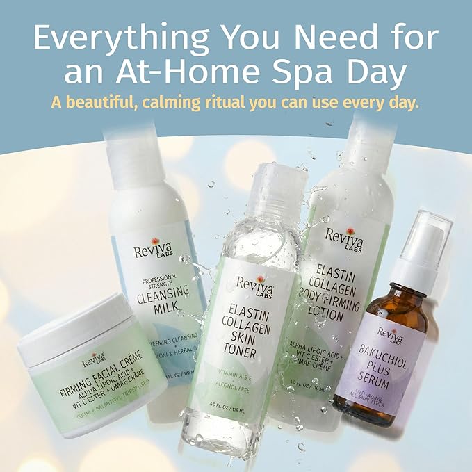 Reviva Labs Spa at Home – 5-Piece Skincare Gift Set for Women – featuring Gentle Facial Cleanser, Toner, Plumping Serum, Firming Cream & Collagen Body Lotion for Winter Skin Care
