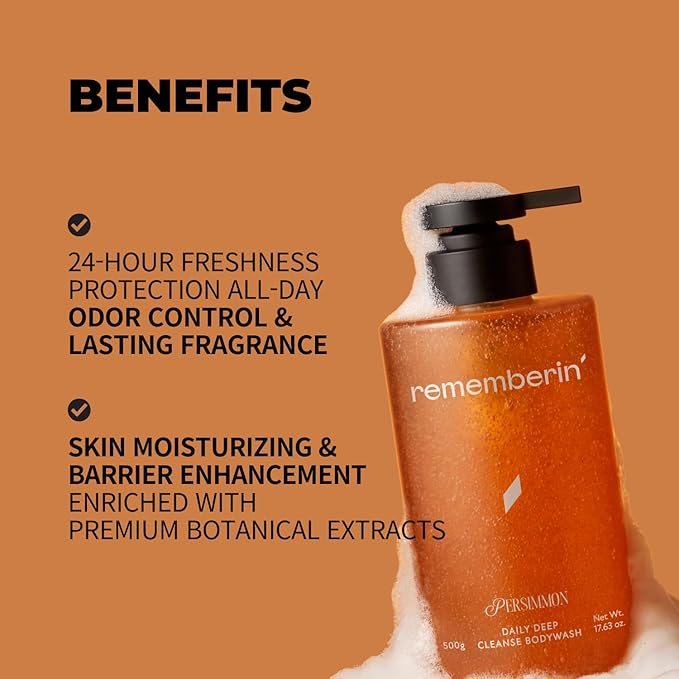 Persimmon Body Wash for Odor Control – Korean Persimmon Extract, Natural Deodorizing Cleanser, Sulfate-Free & Gentle, pH Balanced for Sensitive Skin, 24-Hour Freshness (17.63 oz / 500g)