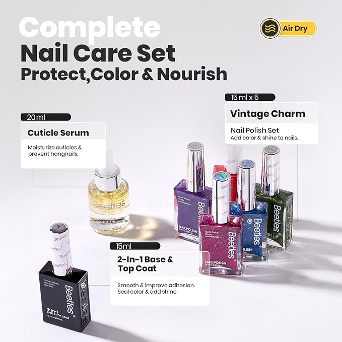 Beetles Glitter Nail Polish Set 7Pcs, Fast Drying & Long Lasting Red Blue Green Nail Polish with 2 IN 1 Base & Top Coat and Cuticle Serum 20ml, All-in-One Care 4th of July Nails Kit Christmas Gift Set