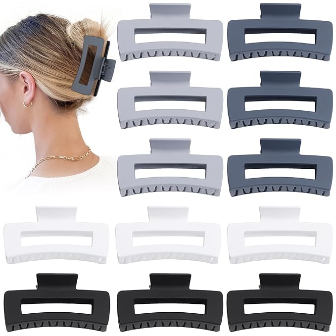12 Pcs Large Hair Clips for Women, 4.2 Inch Square Claw Clips, Colorful Hair Claw Clips for Thick and Thin Hair, Bulk Hair Accessories for Women and Girls - Grey