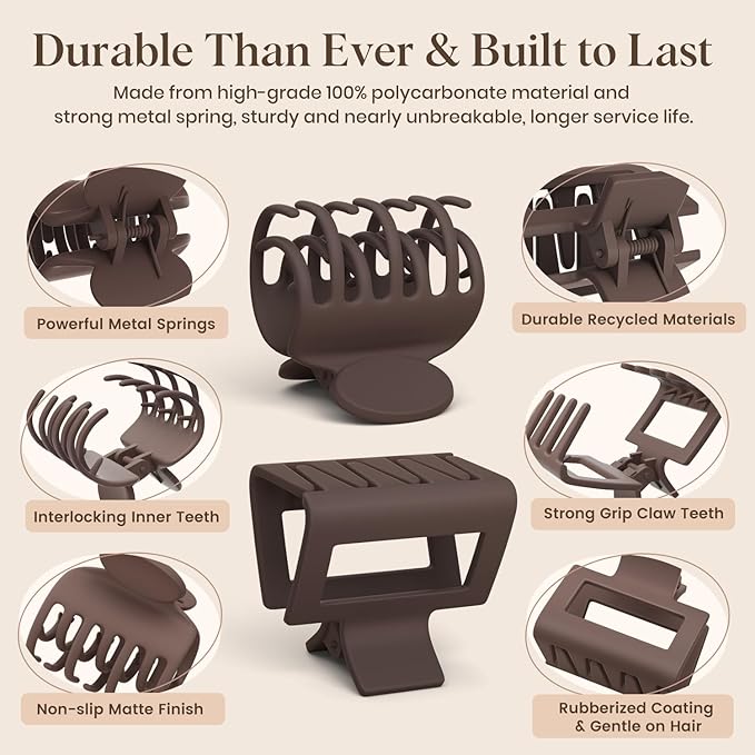 8 Pcs Medium Hair Clips for Women Girls - 2 Styles Rectangle and Double Row Teeth Small Claw Clips for Thin Fine Thick Hair, Matte Non-slip Strong Hold Jaw Clips Hair Accessories, Neutral