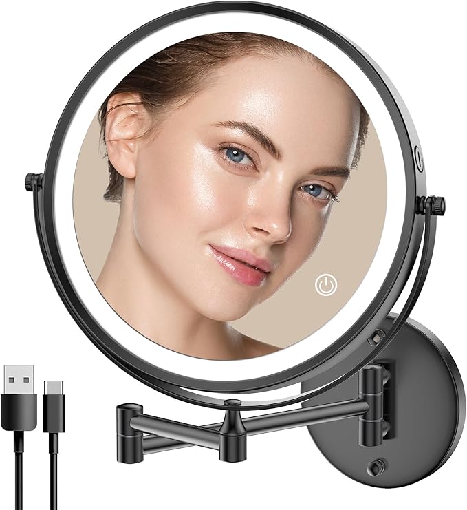 Rocollos 9" Wall Mounted Lighted Makeup Mirror, Large Double Sided 1X/10X Magnifying Mirror, 3 Color LED Vanity Mirror, Touch Dimmable 360° Swivel Light Up for Bathroom