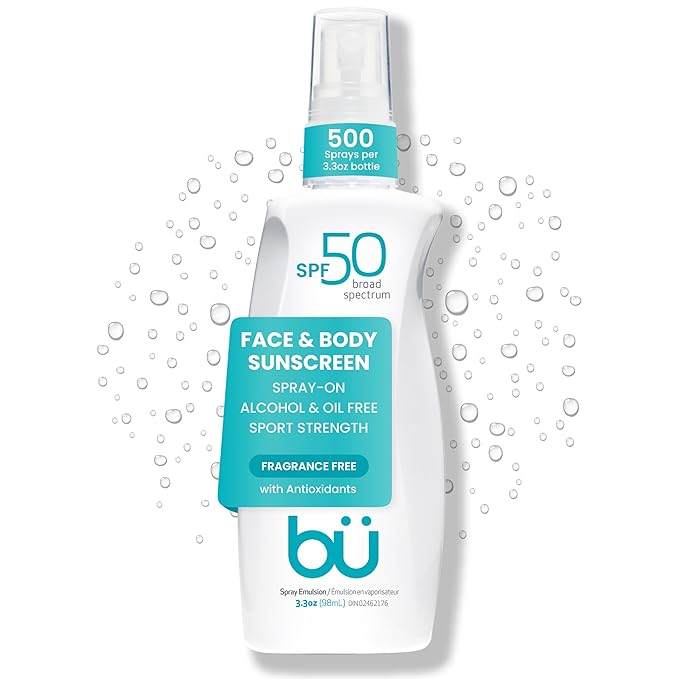 BU SPF 50 Sunscreen Spray for Face and Body, Fragrance Free, Clear, Non Greasy, Water Resistant, for Sensitive Skin, 3.3 oz