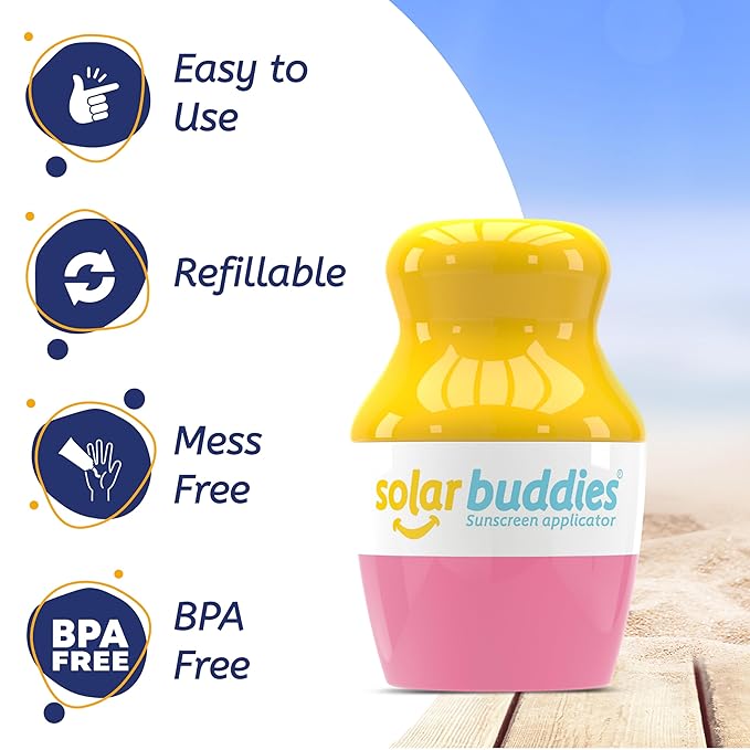 Solar Buddies Sunscreen Applicator - Single Pink - Refillable Roll on Sponge Sunscreen, Suncream & Lotion Applicator For Kids, Adults & Families - Holds 3.4fl oz, Perfect Size for Travel