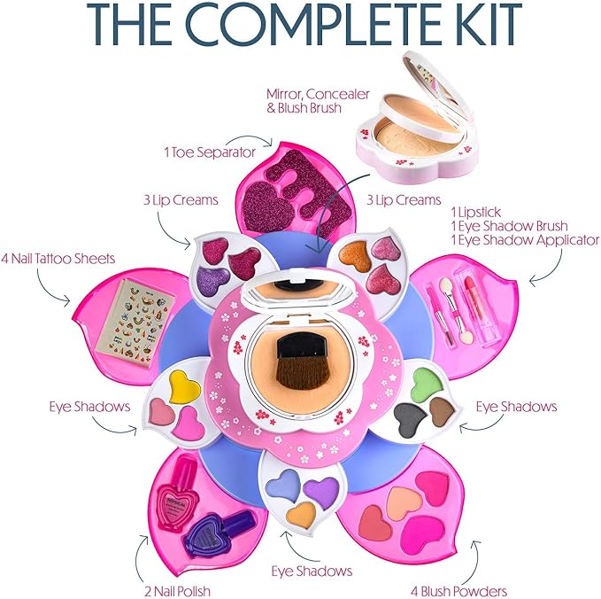 Toysical Kids Makeup Kit for Girl - Flower Shaped Makeup for Kids, Washable Non Toxic Makeup Kit for Girls with Mirror - Birthday and Christmas Make up Kit for Girls Age 6-12