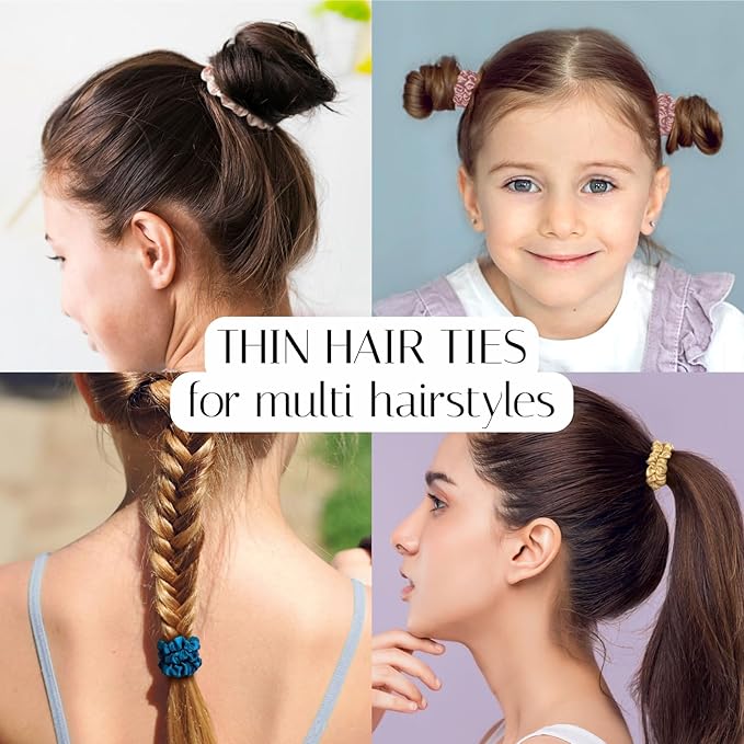 OLESILK Silk Hair Ties for Women: 100% Mulberry Skinny Silk Scrunchies, Soft Smooth No Damage No Crease for Thin Fine Curly Hair 3 Pack, Multi-2